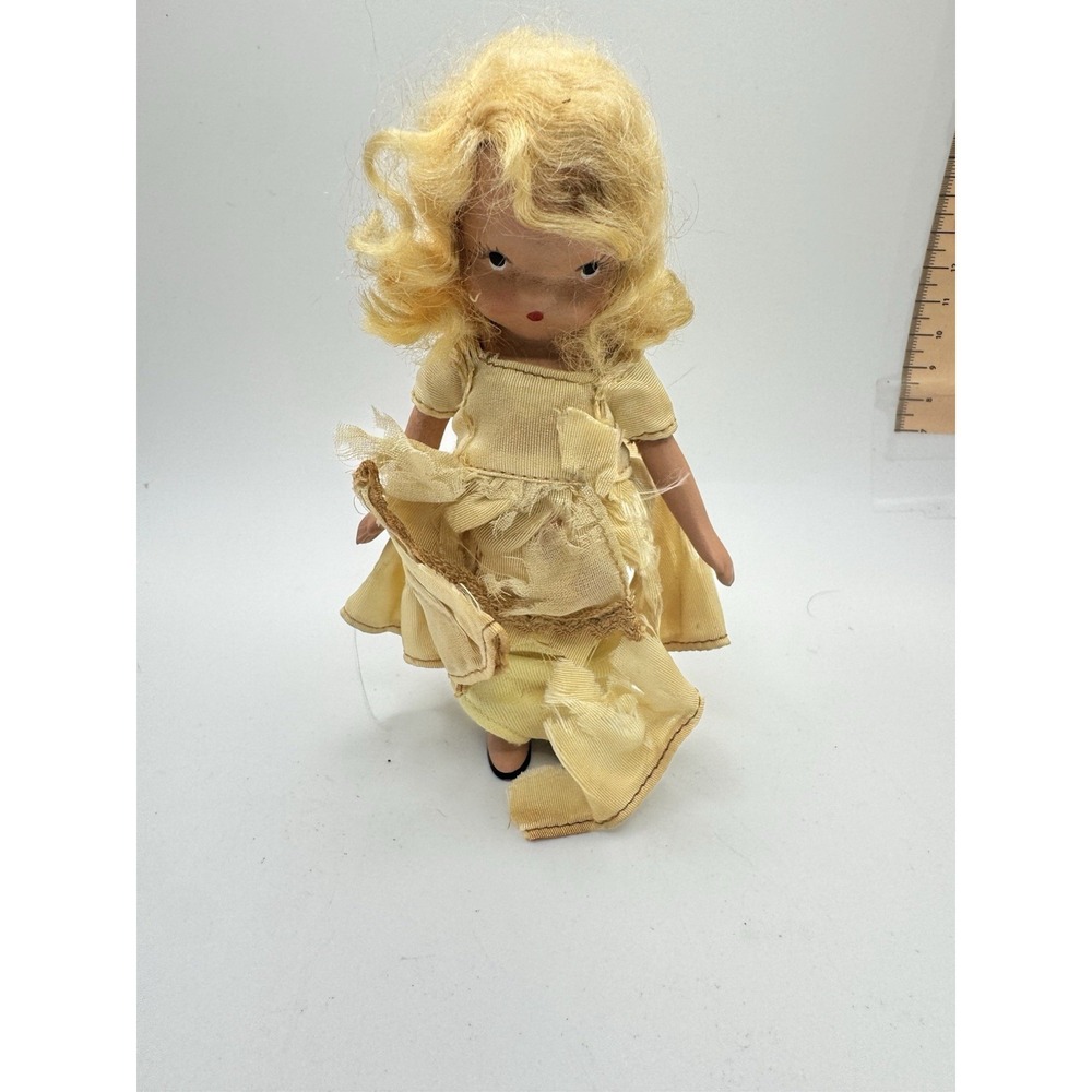 Vintage 1940s 5.5" Bisque  Blonde Yellow Dress Nancy Ann Storybook Doll